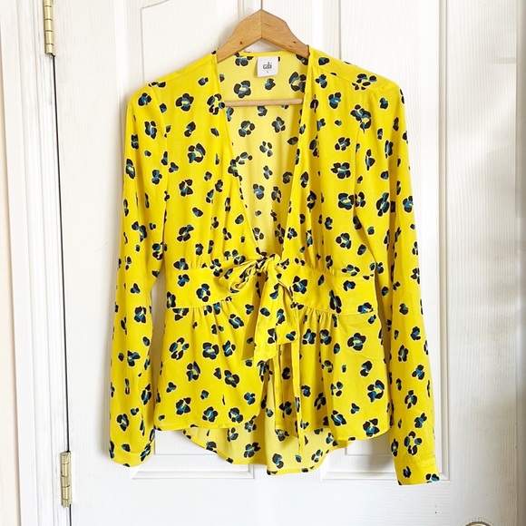 cabi sunny yellow printed tie front long sleeve blouse cover top size S/P - Picture 2 of 8